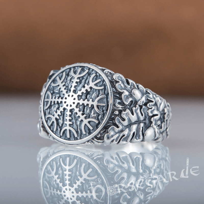 Handcrafted Helm of Awe Rune Oak Leaves Ring - Sterling Silver - Norsegarde