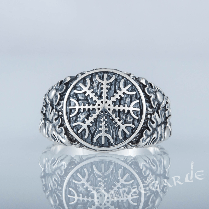 Handcrafted Helm of Awe Rune Oak Leaves Ring - Sterling Silver - Norsegarde
