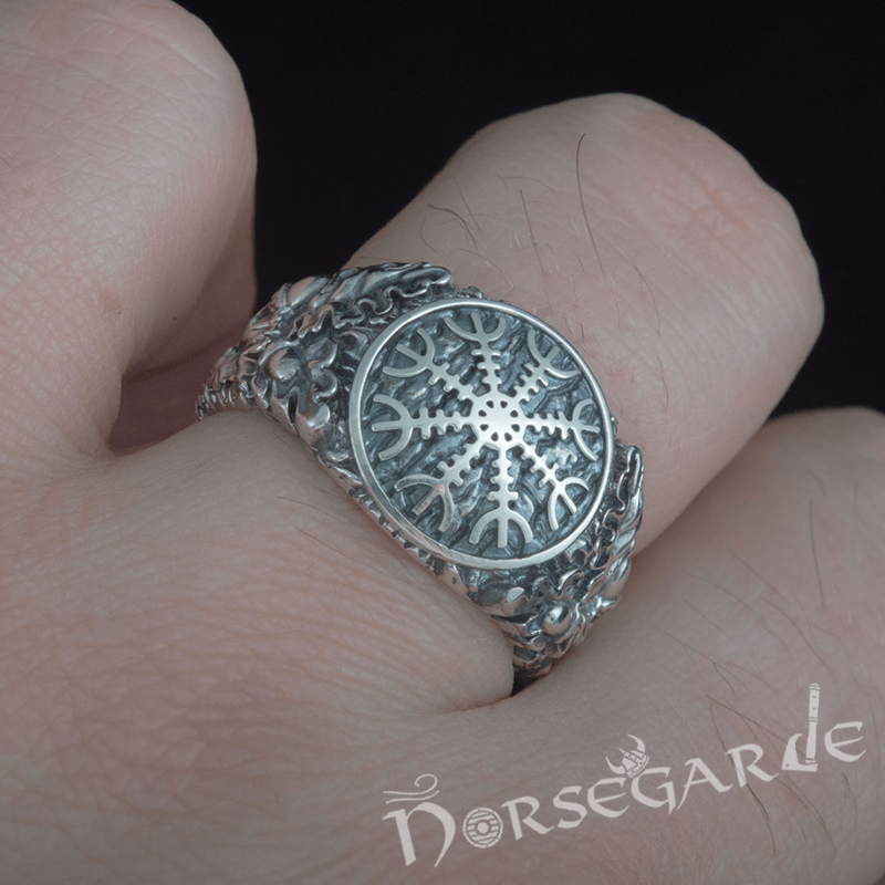 Handcrafted Helm of Awe Rune Oak Leaves Ring - Sterling Silver - Norsegarde