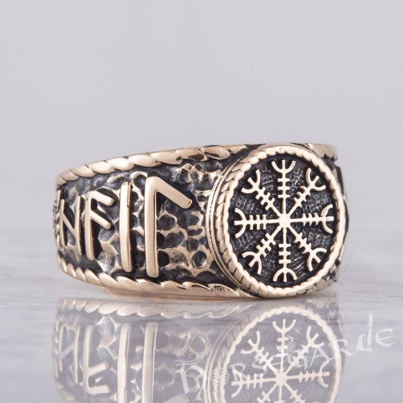 Handcrafted Helm of Awe Runic Signet Ring - Bronze - Norsegarde
