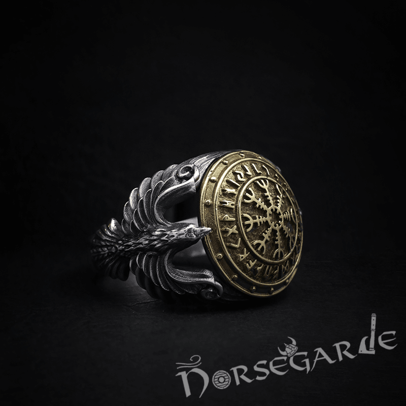 Handcrafted Helm of Awe Shield and Ravens Ring - Sterling Silver & Brass - Norsegarde