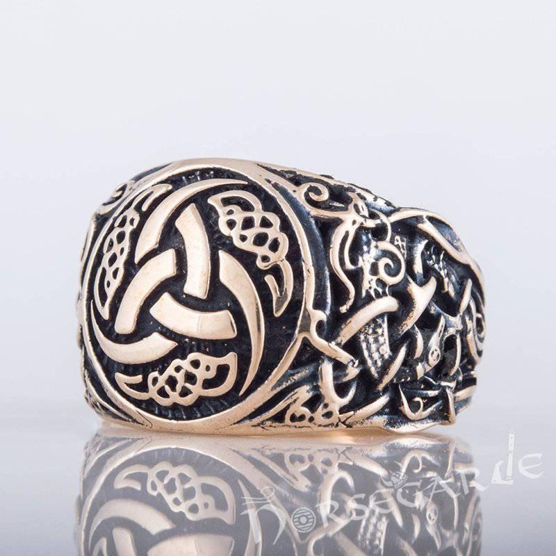 Handcrafted Horn Triskelion Mammen Style Ring - Bronze - Norsegarde