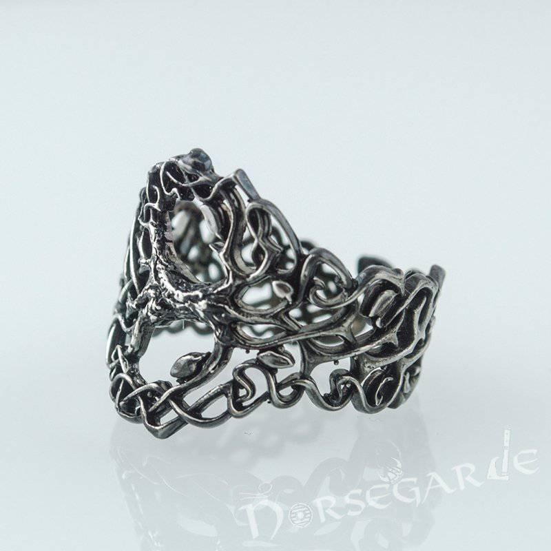 Handcrafted Intertwined Yggdrasil Ring - Ruthenium Plated Sterling Silver - Norsegarde