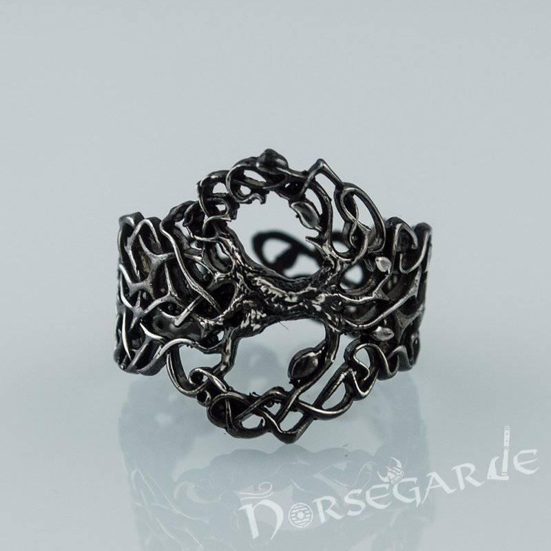 Handcrafted Intertwined Yggdrasil Ring - Ruthenium Plated Sterling Silver - Norsegarde