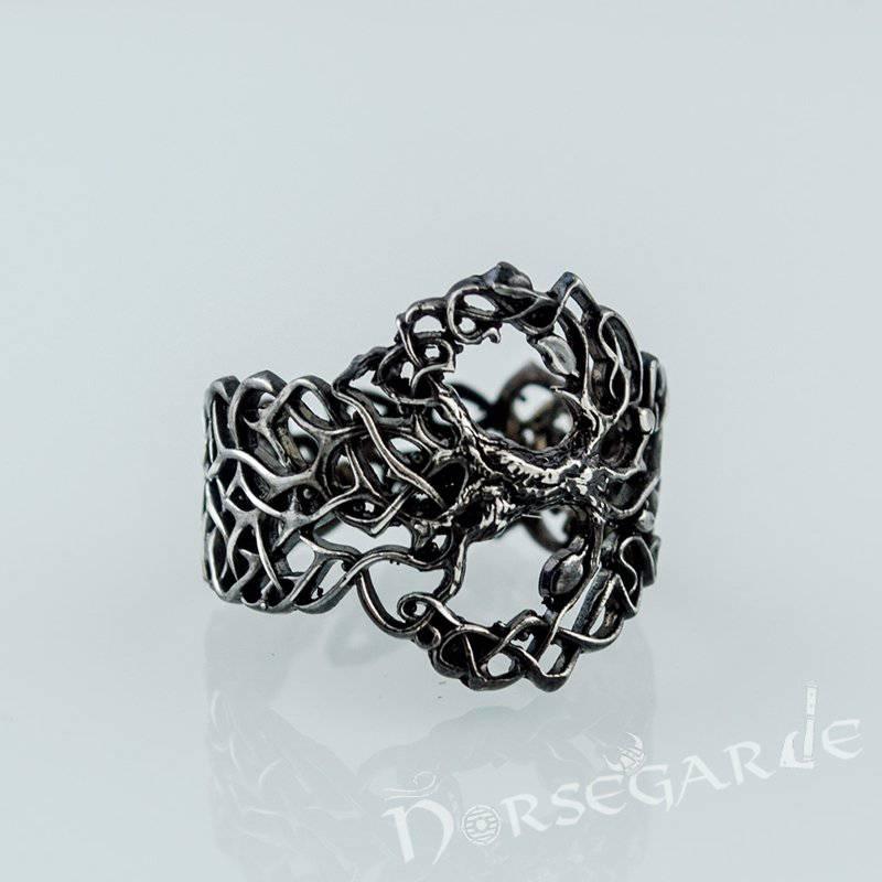 Handcrafted Intertwined Yggdrasil Ring - Ruthenium Plated Sterling Silver - Norsegarde