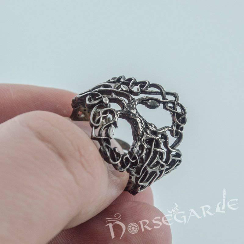 Handcrafted Intertwined Yggdrasil Ring - Ruthenium Plated Sterling Silver - Norsegarde