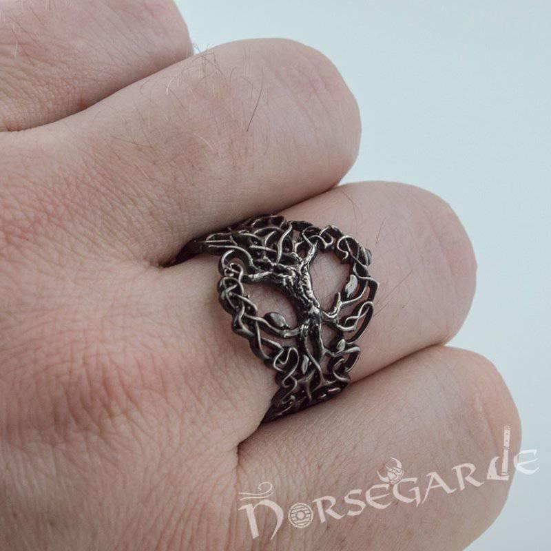 Handcrafted Intertwined Yggdrasil Ring - Ruthenium Plated Sterling Silver - Norsegarde