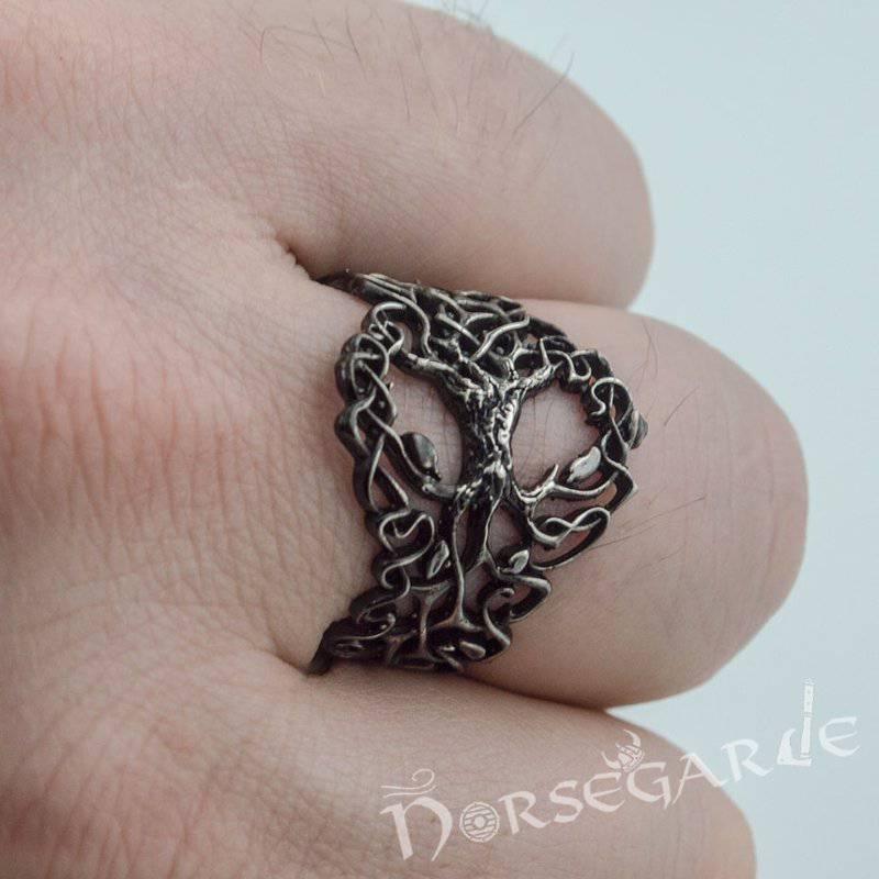 Handcrafted Intertwined Yggdrasil Ring - Ruthenium Plated Sterling Silver - Norsegarde