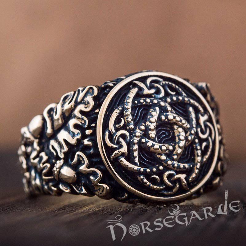 Handcrafted Jormungandr Oak Leaves Ring - Bronze - Norsegarde