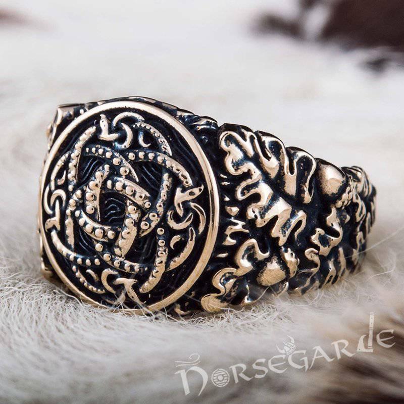 Handcrafted Jormungandr Oak Leaves Ring - Bronze - Norsegarde