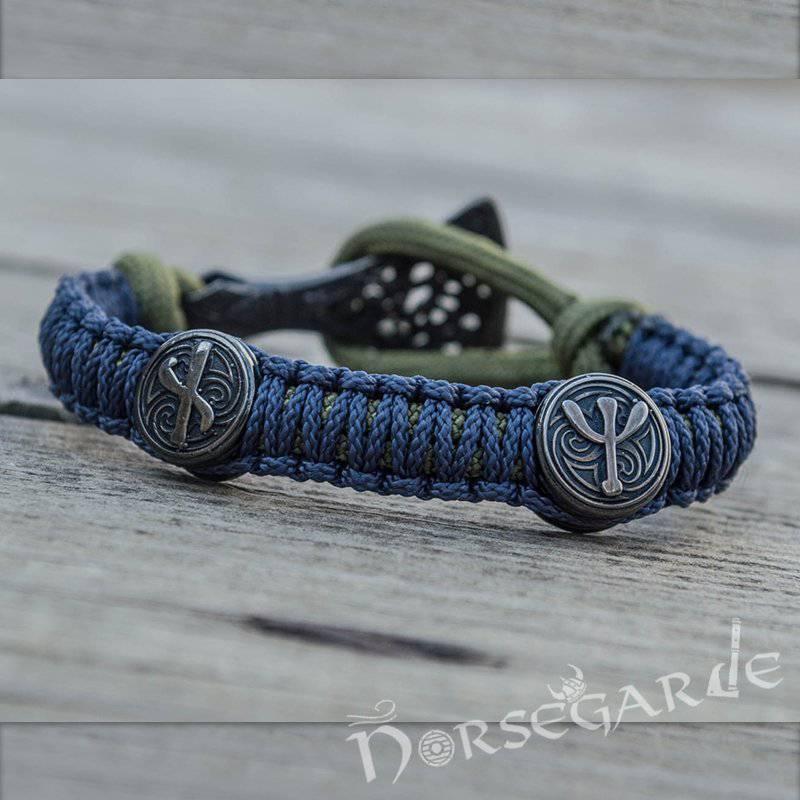 Handcrafted Lilypad Paracord Bracelet with Axe Head and Rune - Ruthenium Plated Sterling Silver - Norsegarde