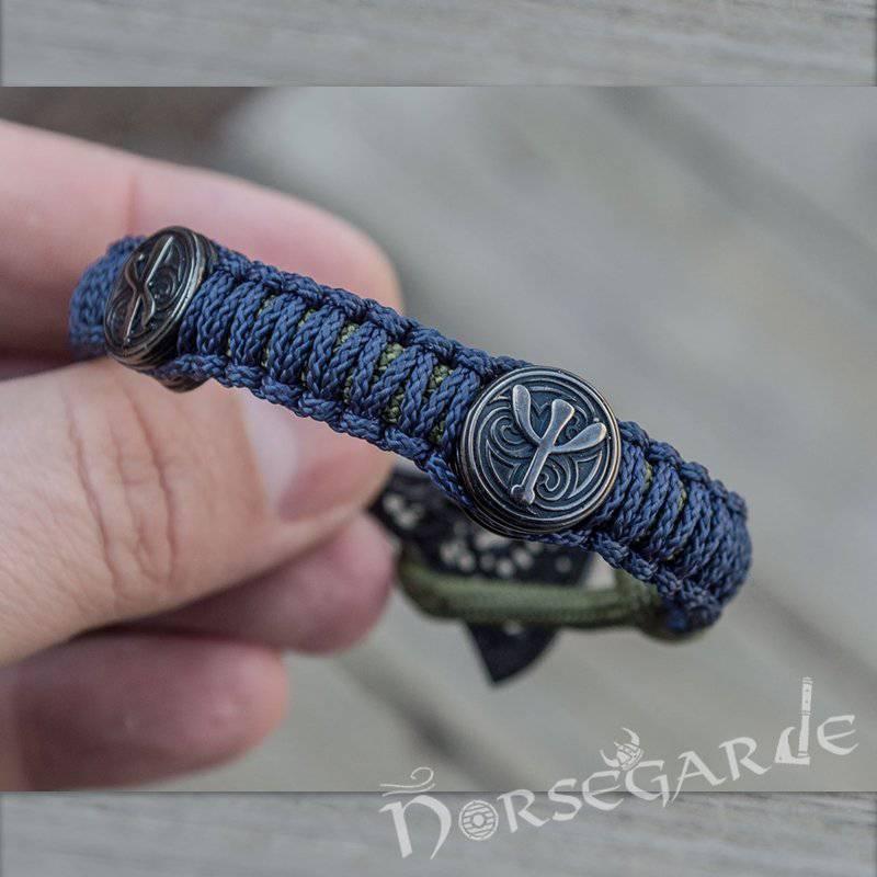 Handcrafted Lilypad Paracord Bracelet with Axe Head and Rune - Ruthenium Plated Sterling Silver - Norsegarde