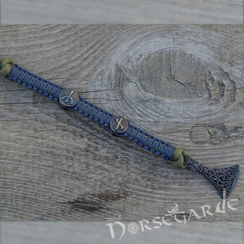 Handcrafted Lilypad Paracord Bracelet with Axe Head and Rune - Ruthenium Plated Sterling Silver - Norsegarde
