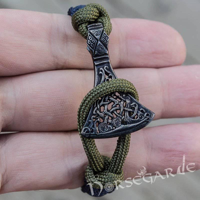 Handcrafted Lilypad Paracord Bracelet with Axe Head and Rune - Ruthenium Plated Sterling Silver - Norsegarde