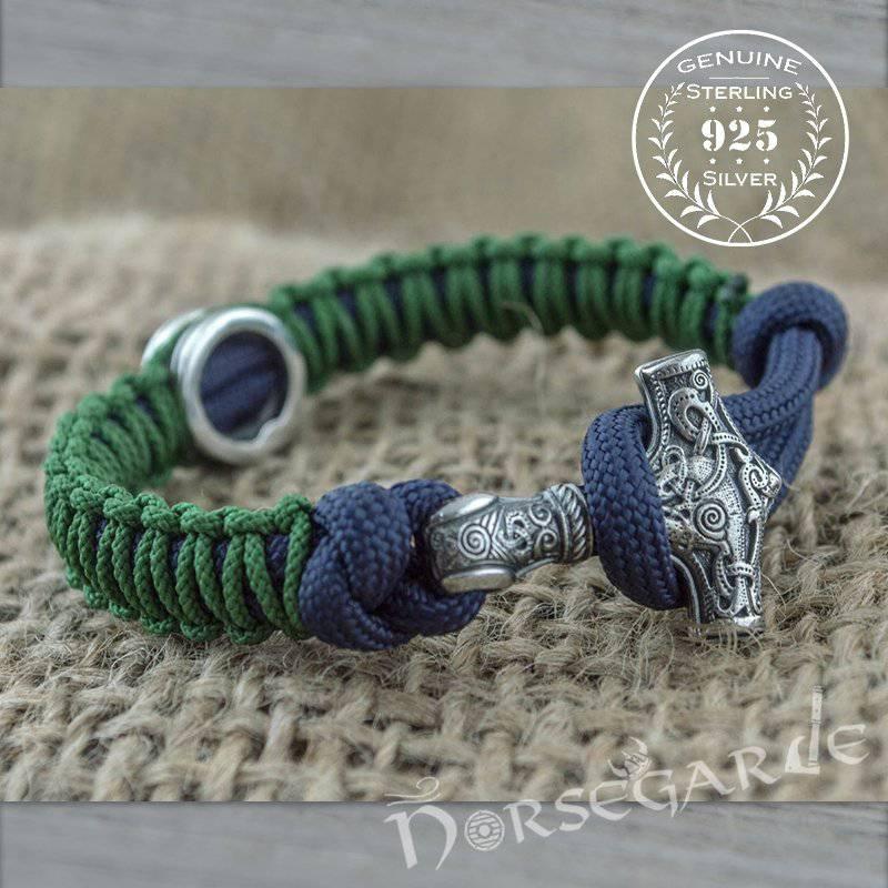 Handcrafted Lilypad Paracord Bracelet with Mjölnir and Rune - Sterling Silver