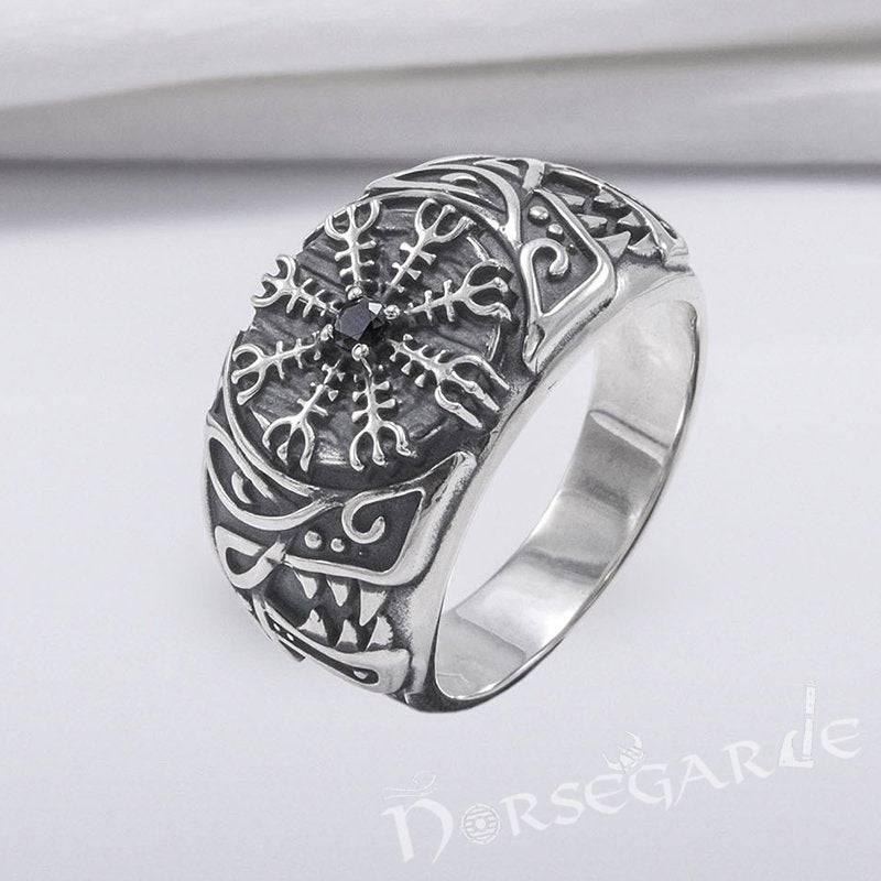 Handcrafted Lupine Helm of Awe Ring with Gem - Sterling Silver - Norsegarde