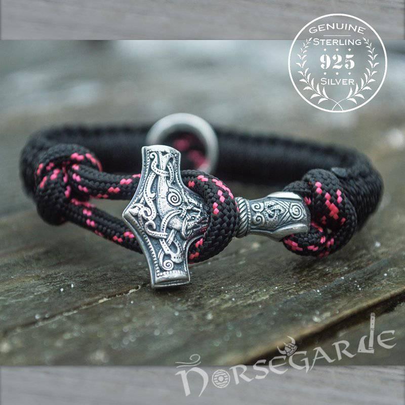 Handcrafted Night Paracord Bracelet with Mjölnir and Rune - Sterling Silver