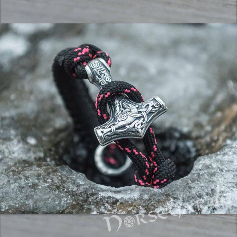 Handcrafted Night Paracord Bracelet with Mjölnir and Rune - Sterling Silver - Norsegarde