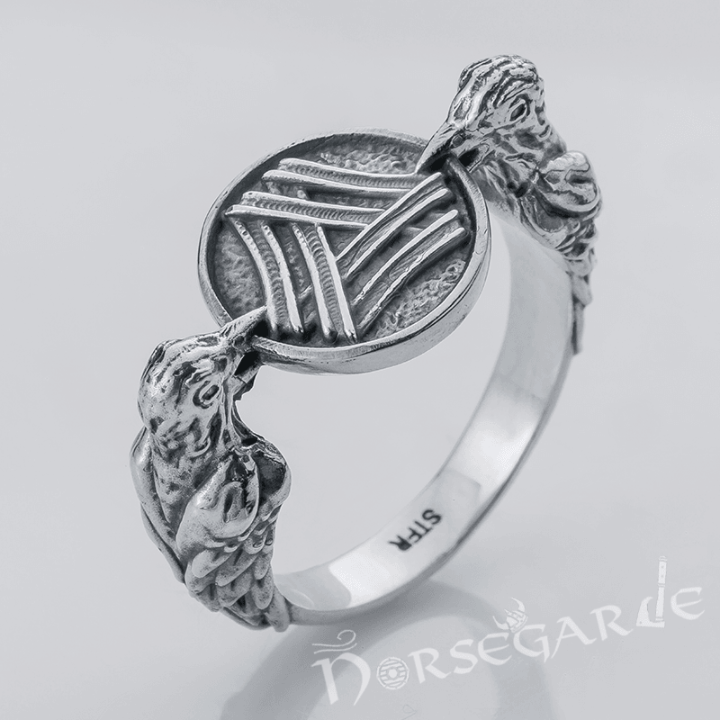 Handcrafted Odin Ravens and Valknut Ring - Sterling Silver - Norsegarde