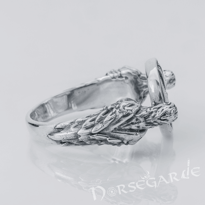 Handcrafted Odin Ravens and Valknut Ring - Sterling Silver - Norsegarde