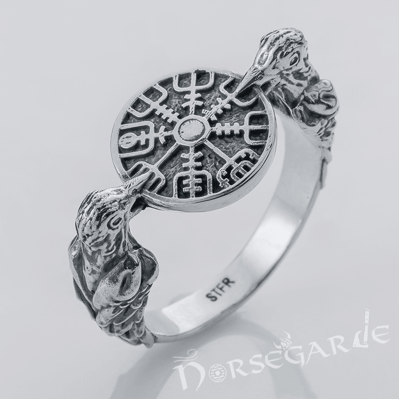 Handcrafted Odin Ravens and Vegvisir Ring - Sterling Silver - Norsegarde