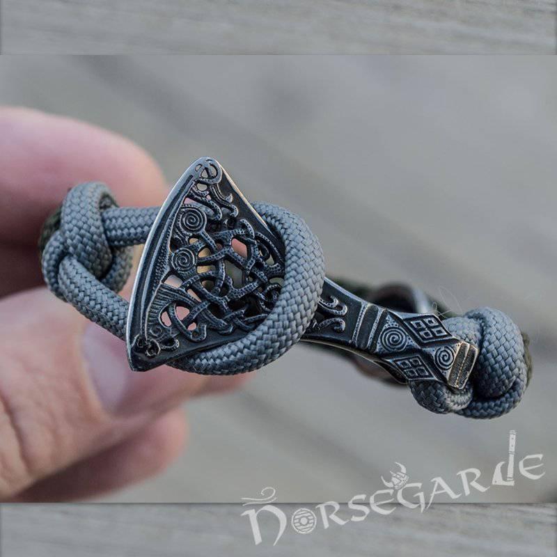 Handcrafted Olive Paracord Bracelet with Axe Head and Rune - Ruthenium Plated Sterling Silver - Norsegarde