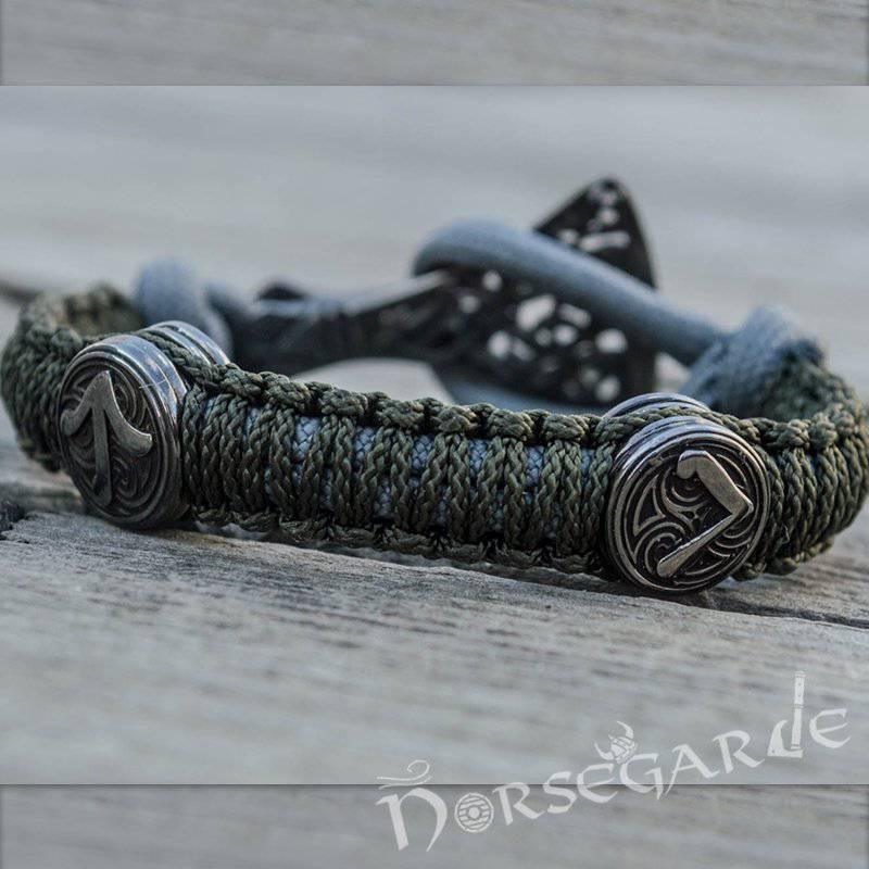 Handcrafted Olive Paracord Bracelet with Axe Head and Rune - Ruthenium Plated Sterling Silver - Norsegarde