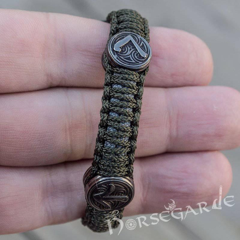 Handcrafted Olive Paracord Bracelet with Axe Head and Rune - Ruthenium Plated Sterling Silver - Norsegarde