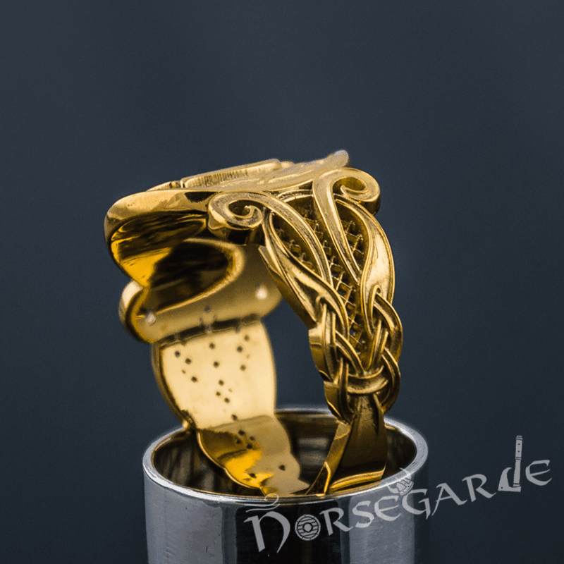 Handcrafted Raven Floral Ornament Ring - Gold - Norsegarde