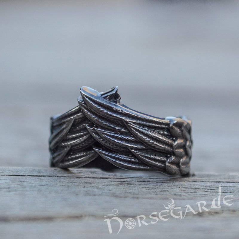 Handcrafted Raven Wing Ring - Ruthenium Plated Sterling Silver - Norsegarde