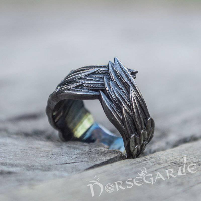 Handcrafted Raven Wing Ring - Ruthenium Plated Sterling Silver - Norsegarde