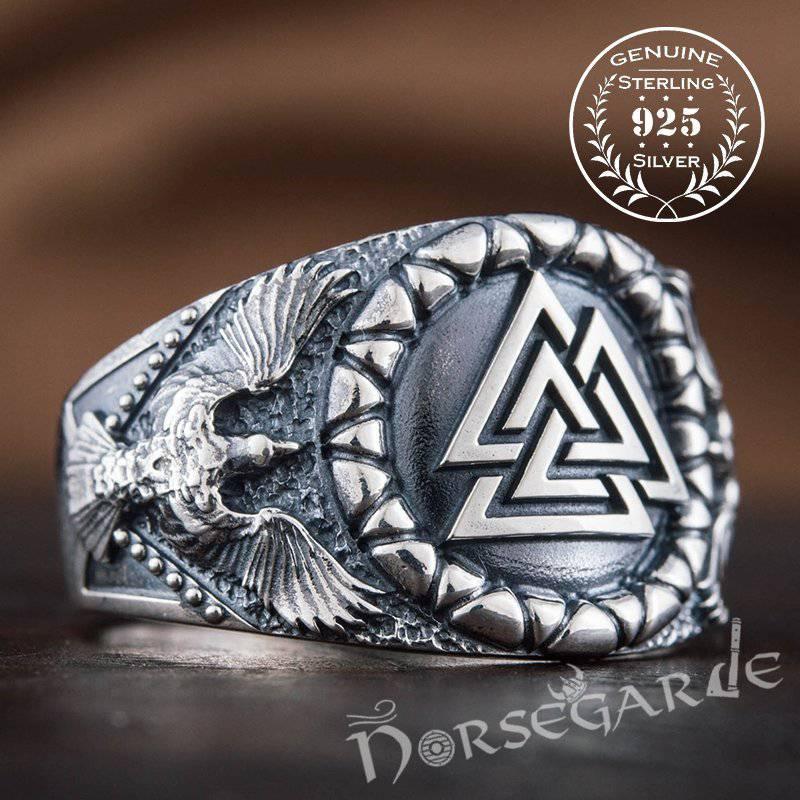 Handcrafted Ravens and Valknut Ring - Sterling Silver - Norsegarde