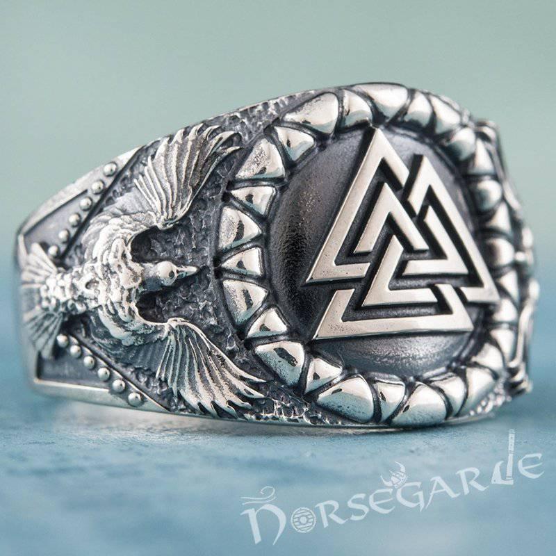 Handcrafted Ravens and Valknut Ring - Sterling Silver - Norsegarde