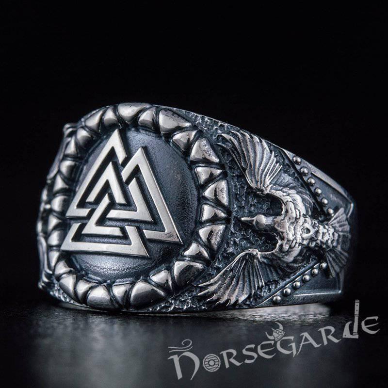 Handcrafted Ravens and Valknut Ring - Sterling Silver - Norsegarde