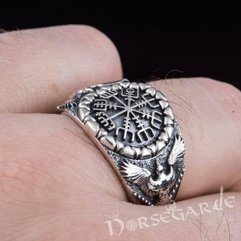 Handcrafted Ravens and Vegvisir Ring - Sterling Silver - Norsegarde