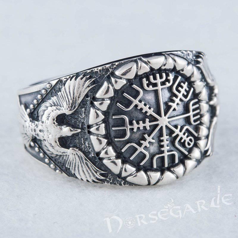 Handcrafted Ravens and Vegvisir Ring - Sterling Silver - Norsegarde