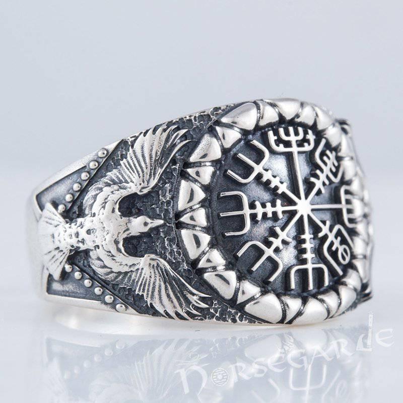 Handcrafted Ravens and Vegvisir Ring - Sterling Silver - Norsegarde