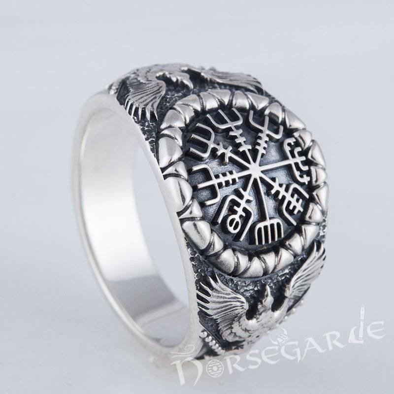Handcrafted Ravens and Vegvisir Ring - Sterling Silver - Norsegarde