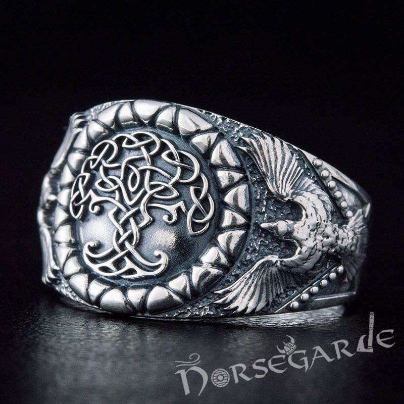 Handcrafted Ravens and Yggdrasil Ring - Sterling Silver - Norsegarde