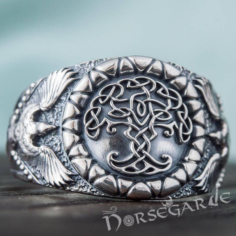 Handcrafted Ravens and Yggdrasil Ring - Sterling Silver - Norsegarde