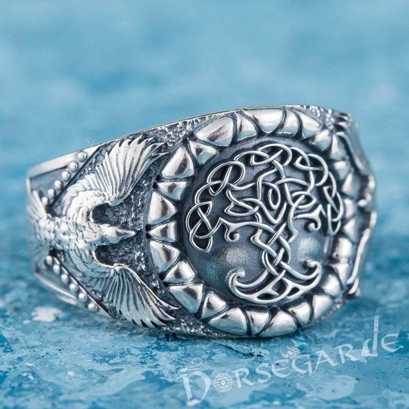 Handcrafted Ravens and Yggdrasil Ring - Sterling Silver - Norsegarde