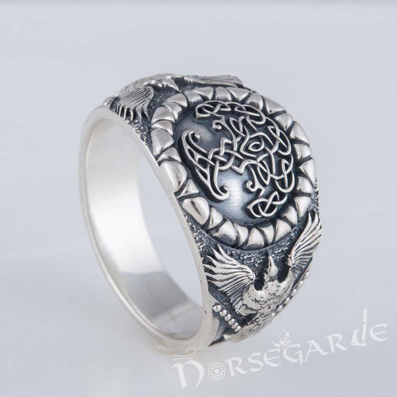 Handcrafted Ravens and Yggdrasil Ring - Sterling Silver - Norsegarde