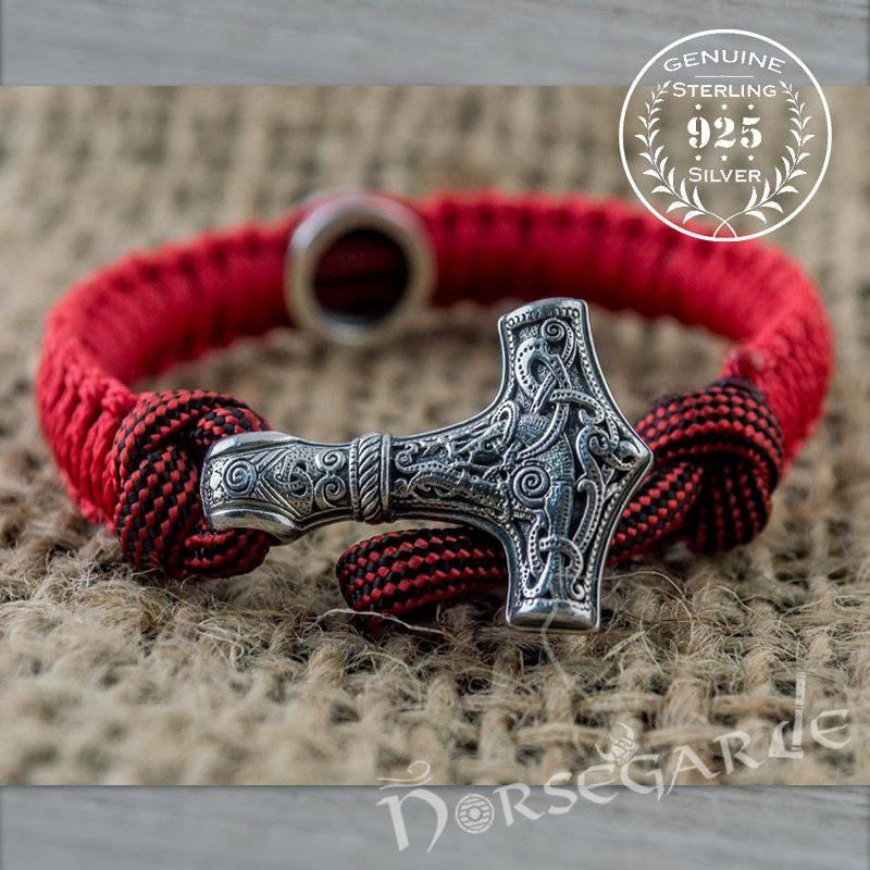 Handcrafted Red Paracord Bracelet with Mjölnir and Rune - Sterling Silver