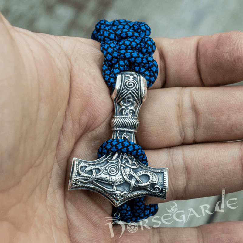 Handcrafted River Paracord Bracelet with Large Mjölnir - Sterling Silver - Norsegarde