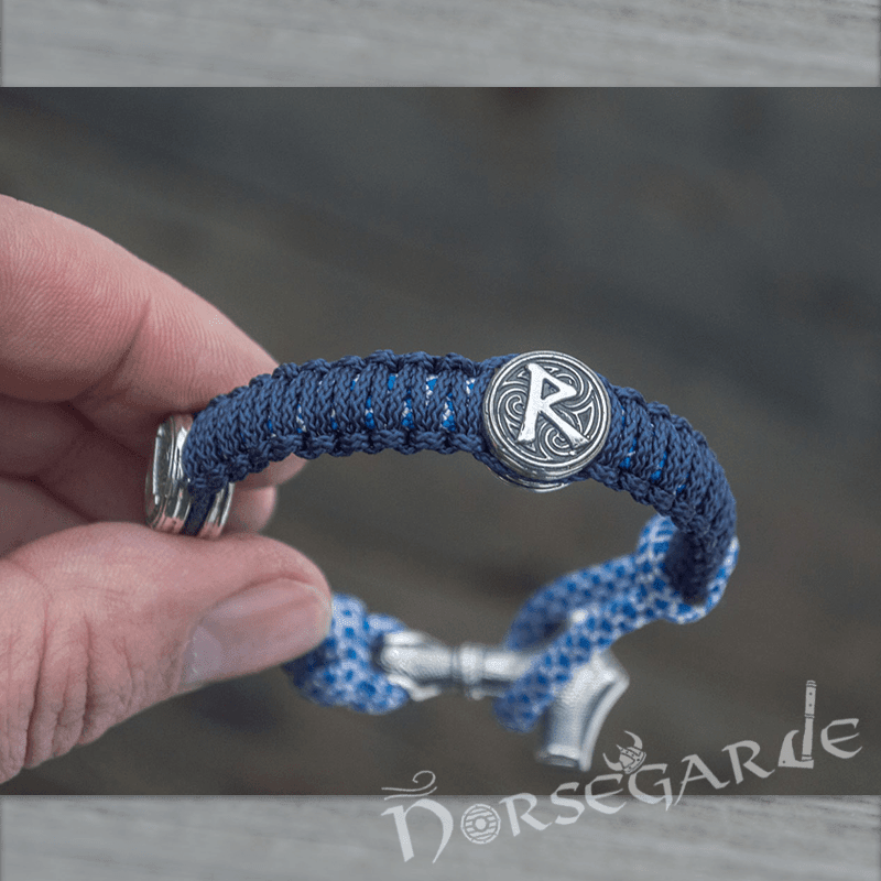 Handcrafted River Paracord Bracelet with Mjölnir and Runes - Sterling Silver - Norsegarde