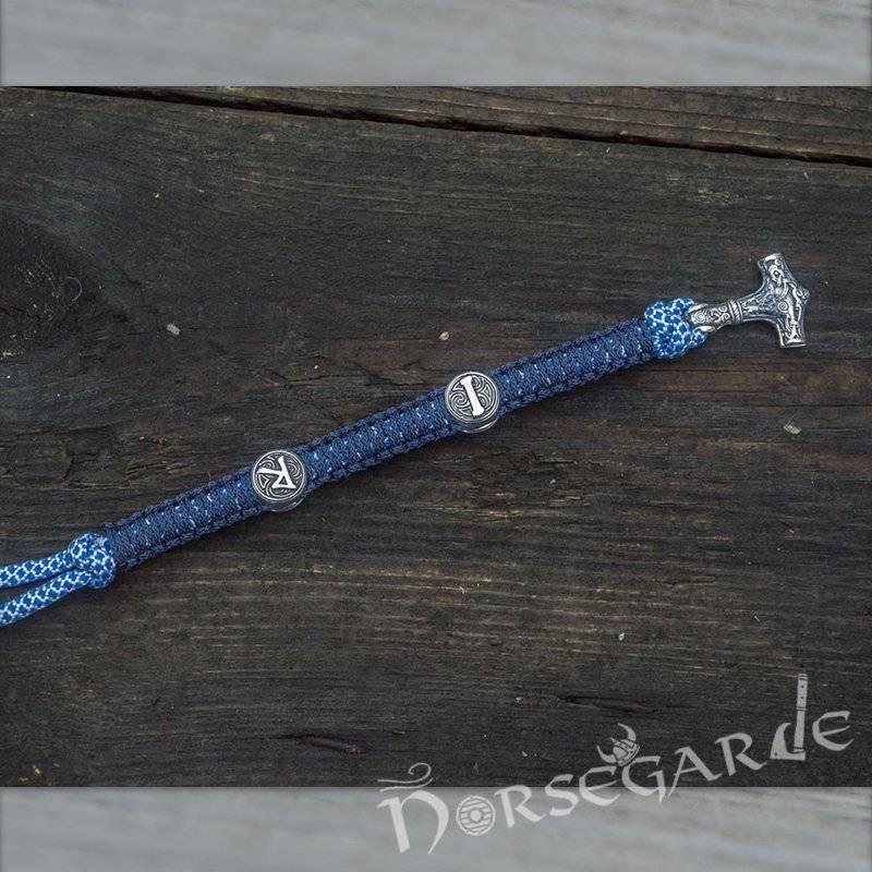 Handcrafted River Paracord Bracelet with Mjölnir and Runes - Sterling Silver - Norsegarde