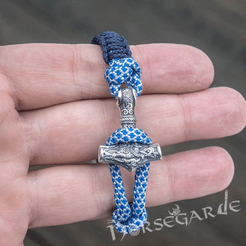 Handcrafted River Paracord Bracelet with Mjölnir and Runes - Sterling Silver - Norsegarde