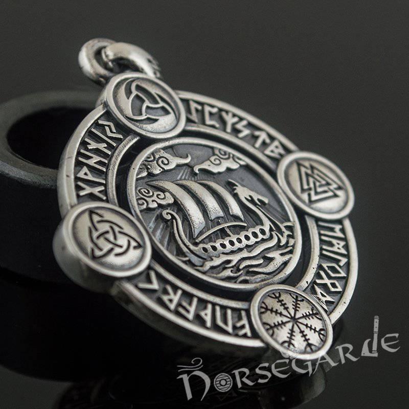 Handcrafted Rune Circle with Viking Drakkar - Sterling Silver - Norsegarde