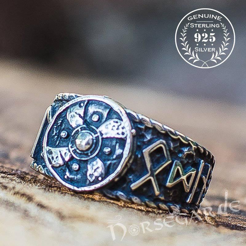 Handcrafted Runes and Shield Band - Sterling Silver - Norsegarde