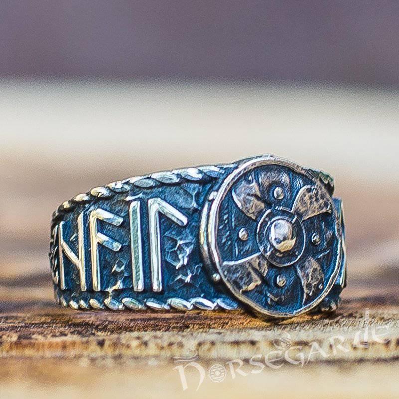 Handcrafted Runes and Shield Band - Sterling Silver - Norsegarde